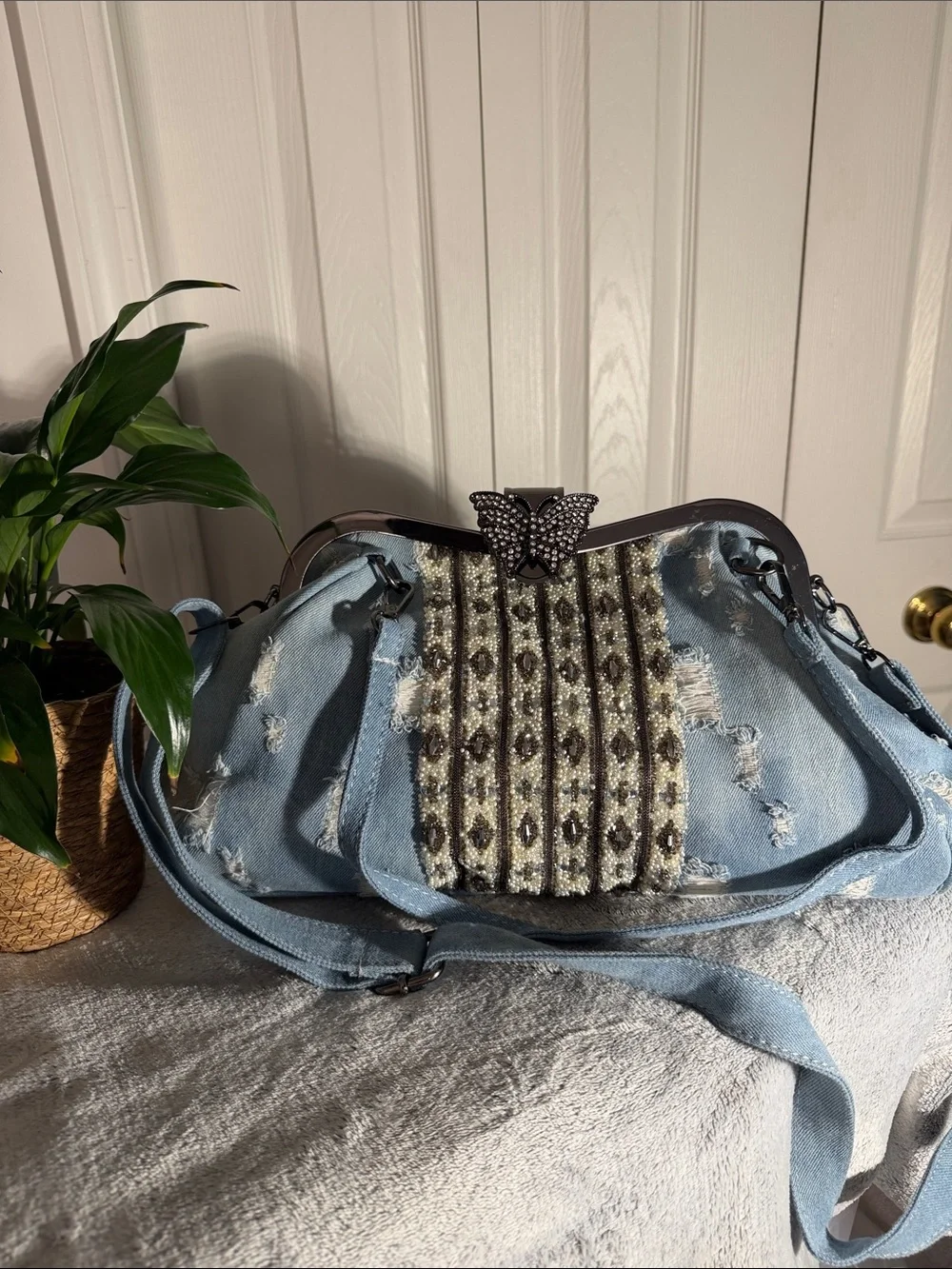 Unique Denim Blue Distressed Shoulder Bag with Embroidered Embellished Panel